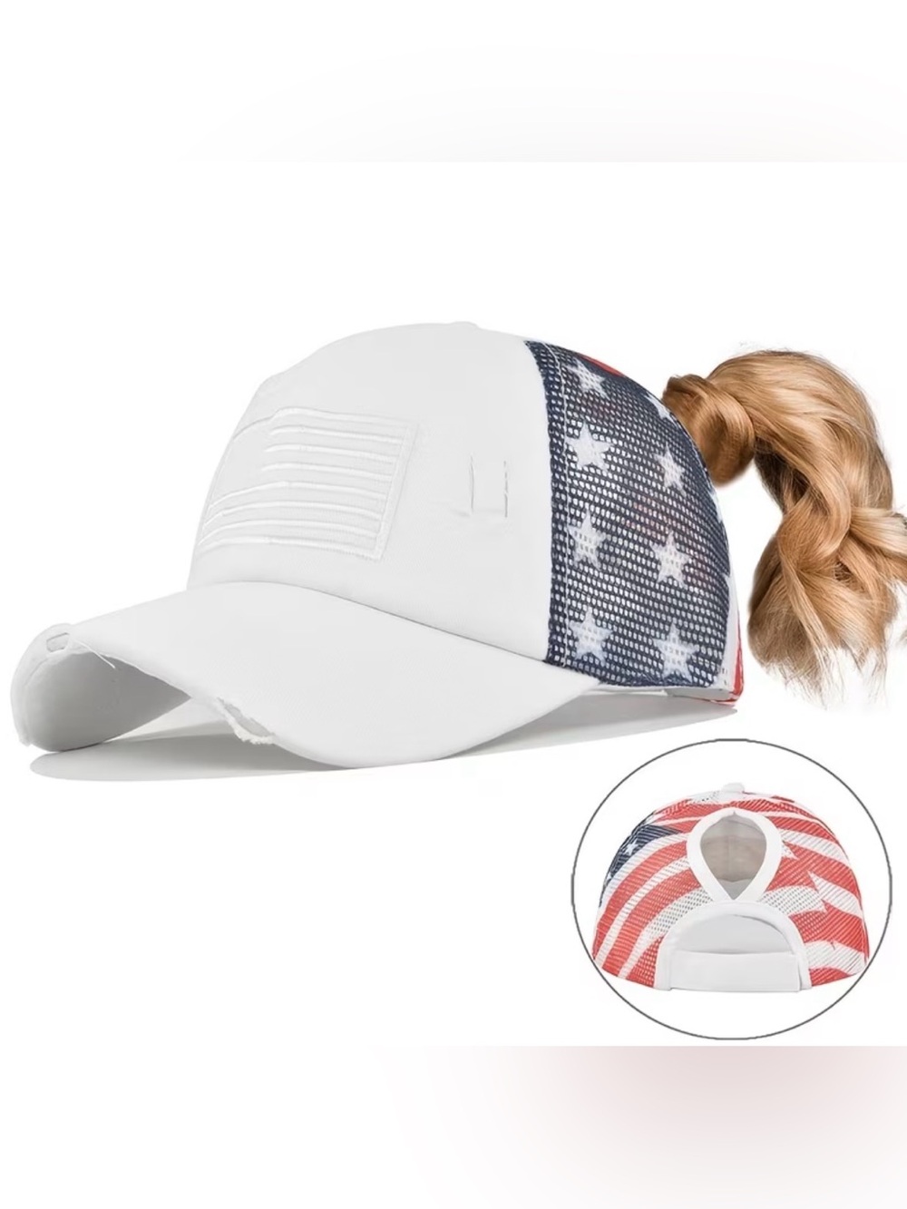 American Flag Ponytail Hat Adjustable Baseball Cap July 4th; Trucker Hat